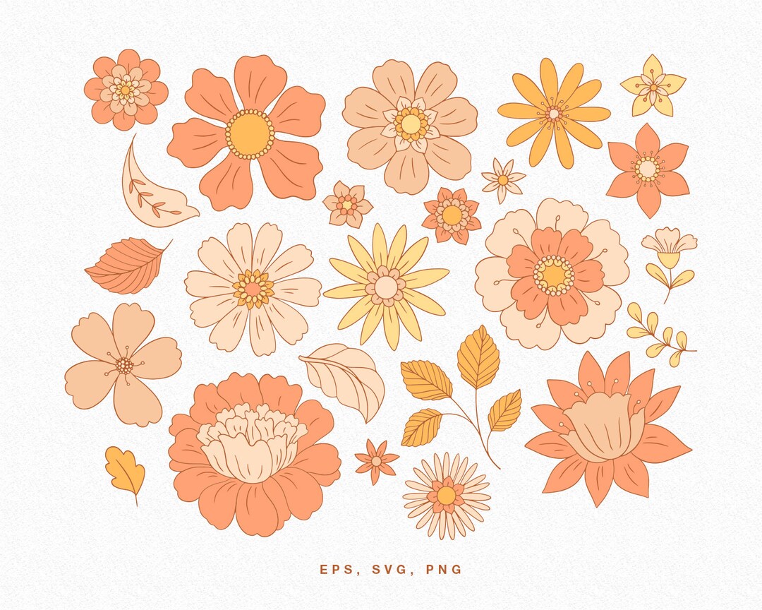 Retro Flowers Clip Art SVG, PNG, EPS, Vector Illustration, Digital