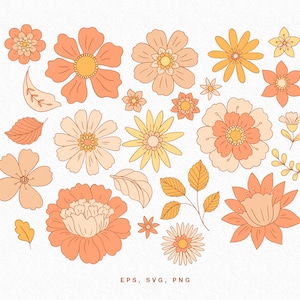 Clipart de flores retrô (SVG, PNG, EPS), ilustração vetorial, download digital e impressão, clipart de flores dos anos 70, floral svg, folhas svg