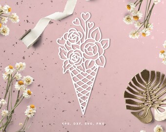 Cut file Ice-cream cone with flowers (svg, dxf, png, eps) for Silhouette Cameo, Cricut, paper crafting, scrapbooking projects, card making