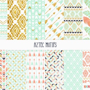 Op de afbeelding: Een set van 10 digitale papierpatronen met geometrische Azteekse motieven in verschillende kleuren, waaronder mintgroen, koraal, goud en marineblauw. De patronen zijn perfect voor knutsel-, scrapbooking- en digitale ontwerp projecten.