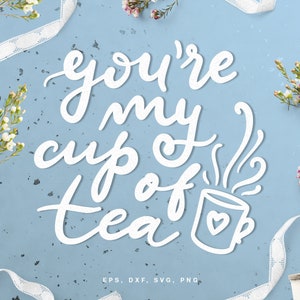 May include: White calligraphy on a light blue background reads "You're my cup of tea". A white outline of a teacup with a heart on it and steam coming from the top is next to the text.