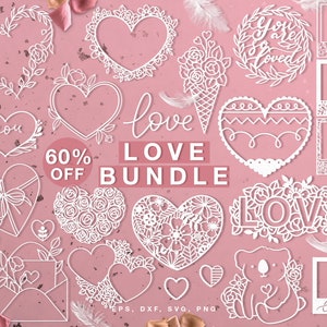 Plik do wycinania LOVE BUNDLE (svg dxf png eps) Silhouette Cameo Cricut, dekoracje walentynkowe DIY, album ze zdjęciami, tworzenie kartek, pliki do wycinania z motywem serca i kwiatów