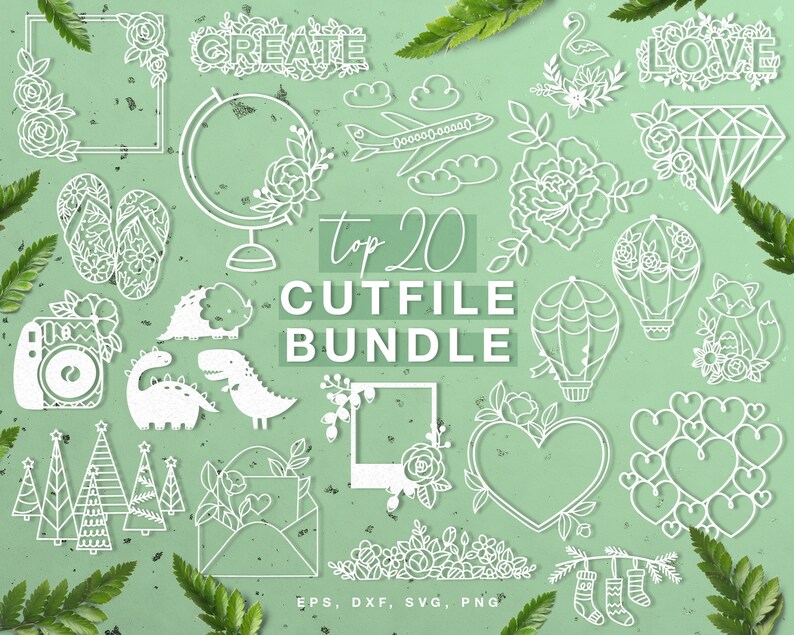May include: A selection of white cut file designs on a green backdrop. The designs include floral frames, a globe, a plane, dinosaurs, a camera, and the text "top 20 cutfile bundle". The image also includes the file types: EPS, DXF, SVG, and PNG.