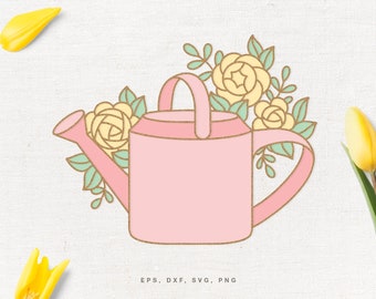 Floral Watering Can SVG File, Cut File for Cricut, Silhouette in svg dxf png eps, Watering Can and Flowers svg cut file, Gardening svg file