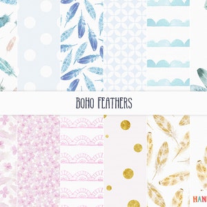 Digital scrapbooking paper:&quot;Boho Feathers&quot;, printable download, watercolor feathers pattern, feather border, frame, wreath, blue, pink, gold