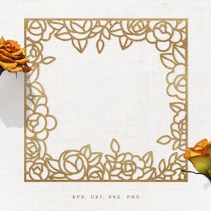 Cadre pivoine SVG coupe fichier (svg dxf png eps) pour Silhouette & Cricut, scrapbooking numérique, fabrication de cartes, fichier coupe cadre carré en papier floral