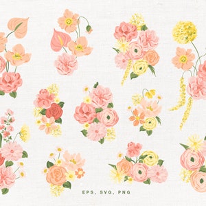 Belle fleur grappes Clip Art (SVG, PNG, EPS), illustration vectorielle, téléchargement numérique et imprimable, coquelicot, pivoine, Rose, Anthurium, Gerber