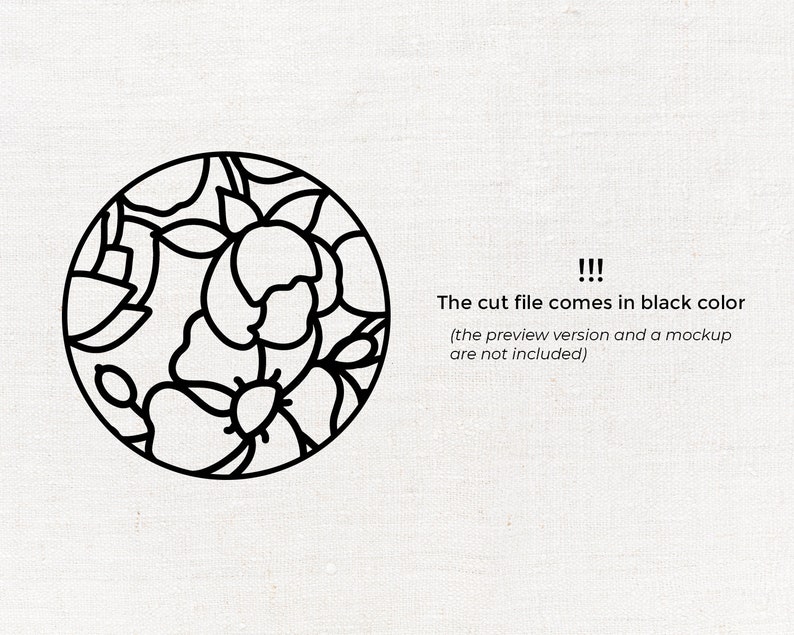 May include: Black and white line art design of a circle with floral patterns inside. The design features a variety of flowers and leaves.