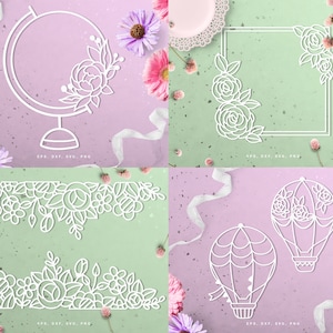 May include: A selection of white paper cutouts with floral and geometric designs. The designs include a globe, a square frame, floral borders, and hot air balloons. The image is set against a pastel background with flowers and ribbons.