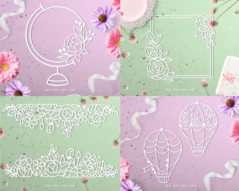 May include: A selection of white paper cutouts with floral and geometric designs. The designs include a globe, a square frame, floral borders, and hot air balloons. The image is set against a pastel background with flowers and ribbons.