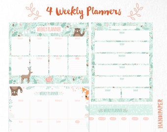 4 Weekly Planners, digital printable download, to do list, schedule, stationery, notes, forest animals, bear, deer, fox, bunny, hedgehog.