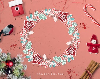 Cut file Christmas wreath in svg, eps, png, dxf formats, for cutting with Silhouette, Cricut, great for Scrapbooking and Winter decor