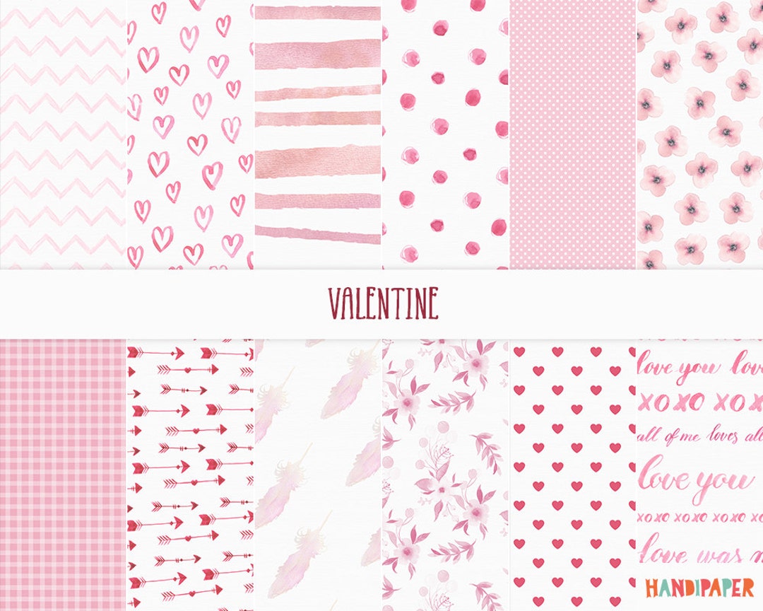 Digital Scrapbook Paper: valentine, Printable Download, Pink Watercolor  Lettering, Chevron, Feather, Arrow, Hearts, Love, Floral Pattern 