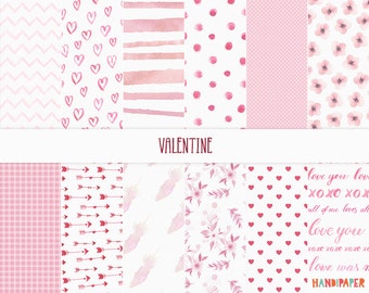Digital scrapbook paper: "Valentine", printable download, pink watercolor lettering, chevron, feather, arrow, hearts, love, floral pattern