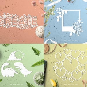 May include: A collection of four paper cut designs. The designs feature the word "CREATE" with floral accents, a floral frame, dinosaur shapes, and a heart-shaped design. The designs are white on various coloured backgrounds.
