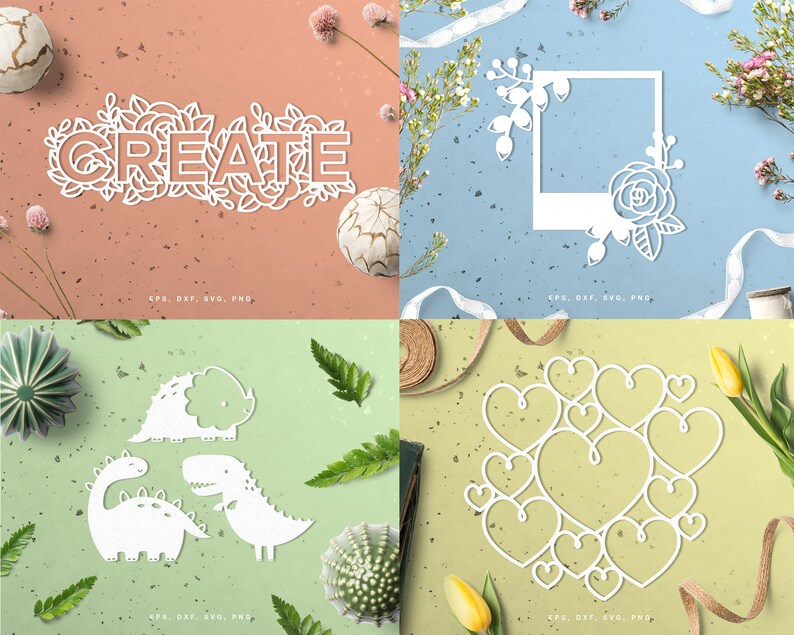 May include: A collection of four paper cut designs. The designs feature the word "CREATE" with floral accents, a floral frame, dinosaur shapes, and a heart-shaped design. The designs are white on various coloured backgrounds.