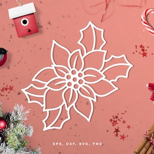 Puede incluir: Esquema blanco de una flor de poinsettia sobre un fondo rojo. La imagen incluye el texto "EPS, DXF, SVG, PNG".