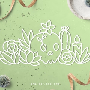 May include: A white line drawing of a skull with flowers, a cactus, and a candle. The design is on a green background with the text "EPS, DXF, SVG, PNG" at the bottom.