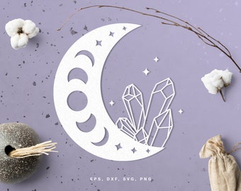Moon and Crystals SVG cut file (svg dxf png eps) for Silhouette, Cricut, mystical moon svg, moon phases svg, magical moon svg, esoteric svg