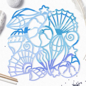 Archivo de corte svg de fondo de conchas marinas (dxf png eps) para silueta, cricut, scrapbooking, fabricación de tarjetas, corte de papel floral, calcomanías, bricolaje de verano