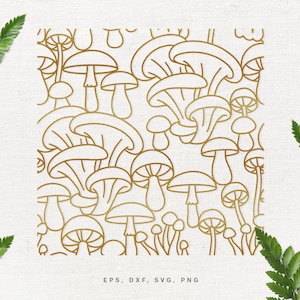 May include: A seamless pattern of gold outline mushrooms on a white background. The mushrooms are drawn in a simple, minimalist style.