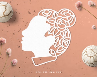 Woman portrait cutting file (svg dxf png eps) for Silhouette & Cricut, digital scrapbooking, card making, floral paper cut, decals, DIY
