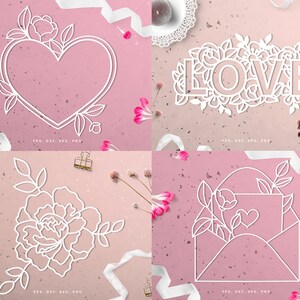 May include: Four white paper cut designs on a pink background. The designs include a heart-shaped frame with flowers, the word "LOVE" surrounded by flowers, a floral arrangement, and an envelope with a heart and flowers. Ribbons and flowers are scattered around.