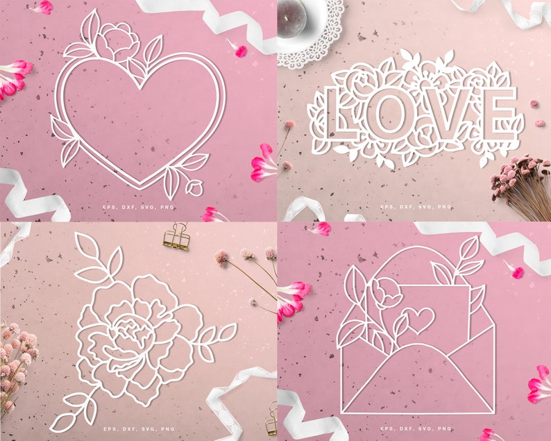 May include: Four white paper cut designs on a pink background. The designs include a heart-shaped frame with flowers, the word "LOVE" surrounded by flowers, a floral arrangement, and an envelope with a heart and flowers. Ribbons and flowers are scattered around.