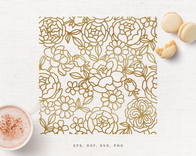May include: A seamless pattern featuring gold outline illustrations of various flowers and leaves on a white background. The pattern is perfect for creating digital or printed designs.