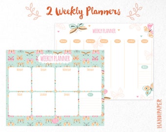 2 Weekly Planners, digital printable, instant download, to do list, schedule, girly stationery, notes, office decor, DIY, butterflies