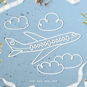 Airplane in cloudy sky cut file (svg dxf png eps) for Silhouette & Cricut, digital scrapbooking, card making, paper cut, decals, DIY