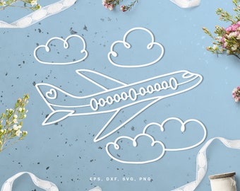 Airplane in cloudy sky cut file (svg dxf png eps) for Silhouette & Cricut, digital scrapbooking, card making, paper cut, decals, DIY