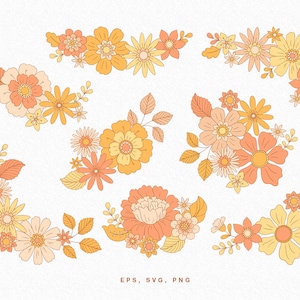 Puede incluir: Un conjunto de siete ilustraciones florales en estilo retro. Las flores son en tonos naranja, amarillo y melocotón. Las ilustraciones son perfectas para agregar un toque vintage a cualquier proyecto.