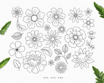 May include: A set of 18 black and white line drawings of various flowers and leaves. The flowers are stylized and have a simple, elegant design. The leaves are also stylized and have a simple, elegant design.