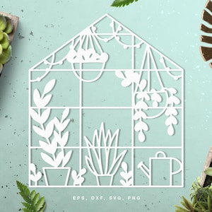 Arquivo de corte digital de jardim com estufa tropical (svg, dxf, png, eps) Silhouette Cameo, Cricut, paper craft, scrapbooking, criação de cartões, estêncil