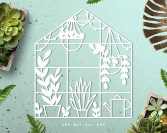 Tropical greenhouse garden digital cut file (svg, dxf, png, eps) Silhouette Cameo, Cricut, paper craft, scrapbooking, card making, stencil