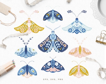 Folk Art Moths clipart (SVG, PNG, EPS), vector illustration, digital download and printable for your diy projects