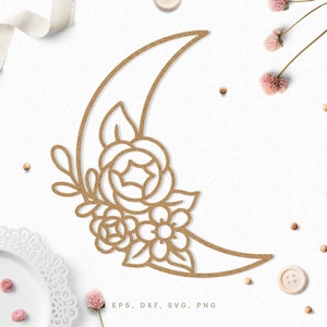 Schneiden Sie Datei Floral Moon (svg dxf png eps) für Silhouette & Cricut, digitales Scrapbooking, Karten machen, laser cut Datei