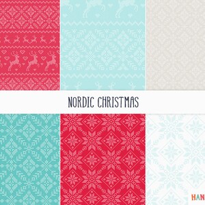 Digital scrapbooking paper: &quot;Nordic Christmas&quot;, printable download, red, reindeer, deer, new year, noel, knitting ornament pattern 12x12