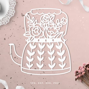 May include: A white outline of a teapot with a floral design on the top and a pattern of leaves on the body. The teapot has a spout and a handle. The image is on a pink background.