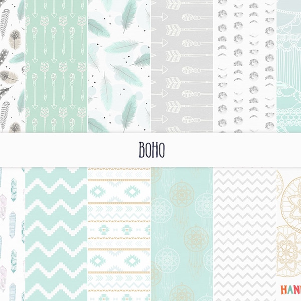 Papel de scrapbooking digital: "B O H O" descargar imprimible, chevron, plumas, Luna, flechas, atrapasueños, tribal, Azteca, geométrico patrón