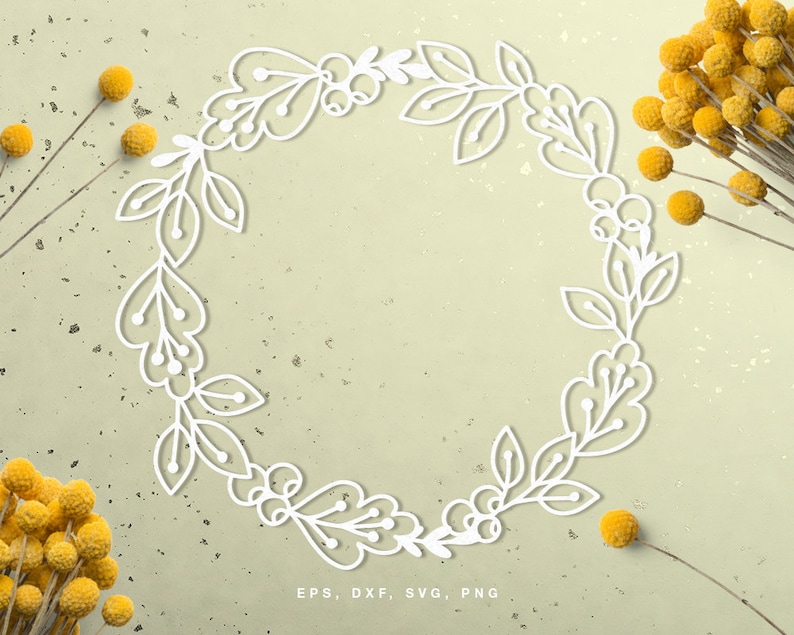 May include: White floral wreath with a delicate, hand-drawn design. The wreath is circular and has a simple, elegant style. It is perfect for adding a touch of nature to any project.
