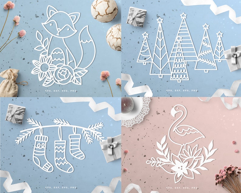 May include: Four white paper cutouts on a blue and pink background. The cutouts include a fox with flowers, Christmas trees, hanging stockings, and a flamingo with flowers. The bottom of each cutout has the text "EPS, DXF, SVG, PNG."