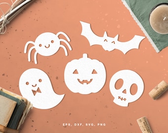 Halloween cut file - svg, dxf, png, eps. Cute Halloween icons - skull, spider, pumpkin, ghost, bat. Instant download for Silhouette & Cricut