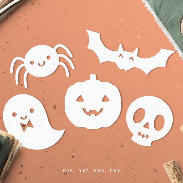 Halloween cut file - svg, dxf, png, eps. Cute Halloween icons - skull, spider, pumpkin, ghost, bat. Instant download for Silhouette & Cricut