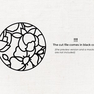 May include: Black and white line art design of a circle with floral patterns inside. The design features a variety of flowers and leaves.
