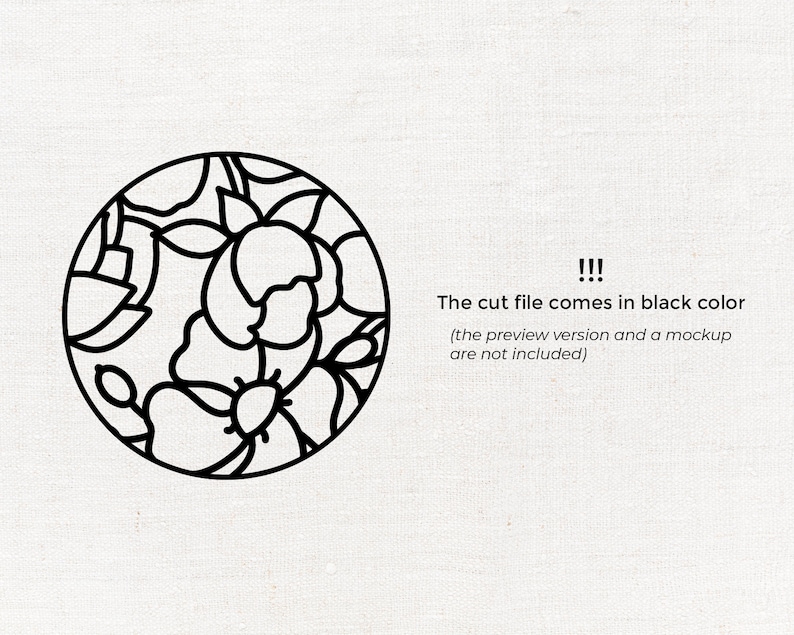 May include: Black and white line art design of a circle with floral patterns inside. The design features a variety of flowers and leaves.