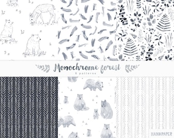 Watercolor Seamless Pattern set "Monochrome Forest" printable instant download, scrapbooking papers, woodland cute animals, deer bear fox