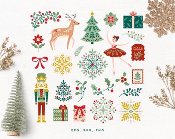 Christmas Ornaments Clip Art (SVG, PNG, EPS), vector Christmas illustration, digital download & printable, Nutcracker, Reindeer, Snowflakes
