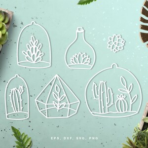 Suculentas, cactus en terrarios archivo de corte digital (svg dxf png eps) Silhouette Cameo, Cricut, paper craft, scrapbooking, card making, stencil